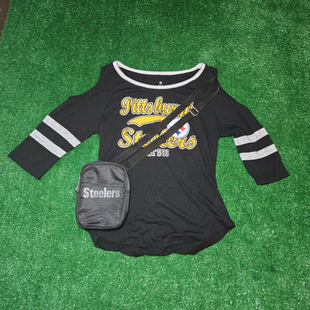 NFL Pittsburgh Steelers, Teens Apparel, Women's, Cold Shoulder Top + Bag